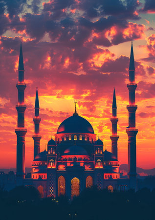 mosque at sunset, with minarets and domes adorned with Eid decorations. Generative AIの素材