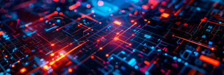 wavy background with digital pixels, circuit board patterns and colorful icons symbolizing innovation and progress. Generative AIの素材