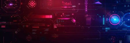 wavy background with digital pixels, circuit board patterns and colorful icons symbolizing innovation and progress. Generative AIの素材