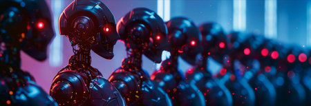 background with an army of advanced robots, technologies, representing artificial intelligence, programming and robotics. Generative AIの素材