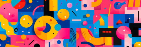 A bright, colorful background with digital pixels, geometric shapes, and playful icons, sense of playfulness. Generative AIの素材