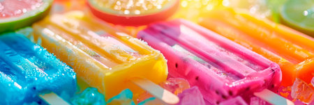 Refreshing fruit popsicles, vibrant colors, melting in the summer heat. Generative AIの素材