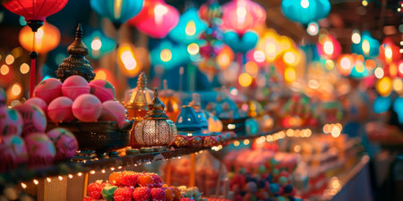 A festival bazaar with colorful lanterns, sweets, and other Eid decorations. Generative AIの素材