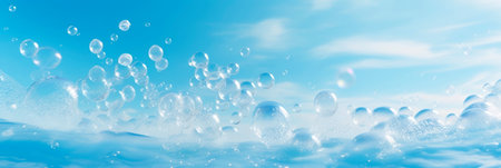 A serene blue background with detergent foam bubbles floating lazily, surrounded by soft, wispy soap suds. Generative AIの素材