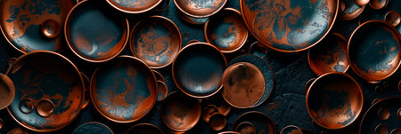 Metallic copper circles overlapping on a black background, forming an intricate and harmonious pattern. Generative AIの素材
