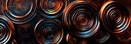 Metallic copper circles overlapping on a black background, forming an intricate and harmonious pattern. Generative AIの素材