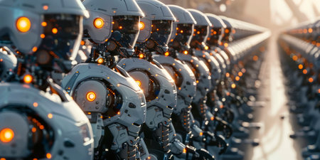 background with an army of advanced robots, technologies, representing artificial intelligence, programming and robotics. Generative AIの素材