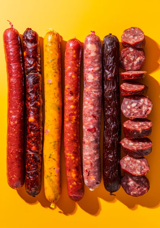 Assorted handcrafted sausages, rich in detail, fading into a smooth mustard-yellow gradient. Generative AIの素材