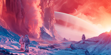 A group of tourists in spacesuits exploring the icy geysers of Enceladus, one of Saturn's moons. Generative AIの素材
