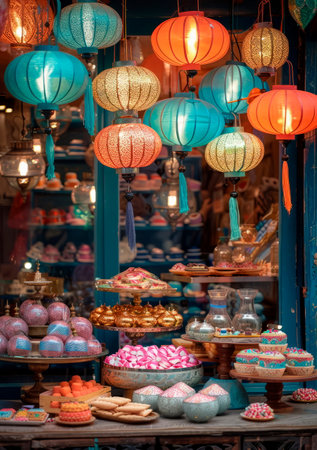 A festival bazaar with colorful lanterns, sweets, and other Eid decorations. Generative AIの素材