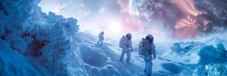 A group of tourists in spacesuits exploring the icy geysers of Enceladus, one of Saturn's moons. Generative AIの素材
