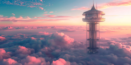 A space elevator transporting tourists from Earth into orbit, towering above the clouds. Generative AIの素材