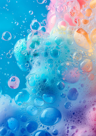 blue background with detergent foam bubbles floating and popping, surrounded by colorful, swirling soap suds. Generative AIの素材