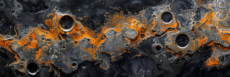 Metallic chrome craters forming a lunar landscape on a black background. Generative AIの素材