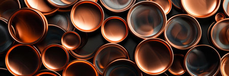 Metallic copper circles overlapping on a black background, forming an intricate and harmonious pattern. Generative AIの素材