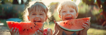 Kids eating watermelon slices, juicy and refreshing, summer treat, messy faces and hands, happiness. Generative AIの素材