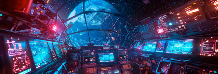 interstellar spaceship, filled with advanced technology, control panels and holographic maps, devices for space exploration and communications. Generative AIの素材