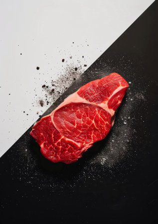 Premium cuts of steak, raw and beautifully marbled, transitioning to a sleek silver gradient for modern. Generative AIの素材