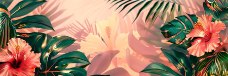 palm leaves, hibiscus flowers, gold foil accents, luxury background, Generative AIの素材