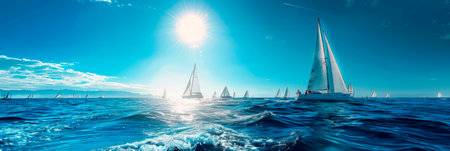 Sailing on a summer breeze yachts and sailboats on the glittering ocean. Generative AIの素材