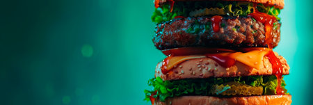 Stack of gourmet burgers with dripping sauce and fresh toppings, merging into a deep green gradient. Generative AIの素材
