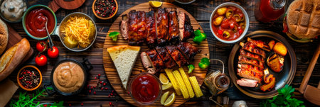 Dad's Favorite Food: Background with a delicious plate of food, hamburgers, pizza or BBQ ribs. Generative AIの素材