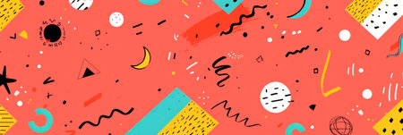 A bright, colorful background with digital pixels, geometric shapes, and playful icons, sense of playfulness. Generative AIの素材