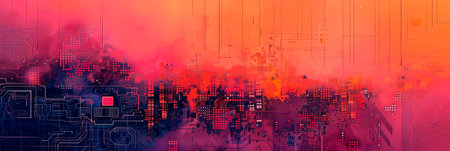modern stylish background with digital pixels and icons representing technology. Generative AIの素材