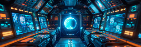 interstellar spaceship, filled with advanced technology, control panels and holographic maps, devices for space exploration and communications. Generative AIの素材