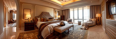 A lavish and sophisticated bedroom with high-end finishes, plush furnishings, and a focus on comfort and relaxation.Generative AIの素材