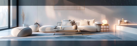 A sleek and modern living room with a minimalist aesthetic. Generative AIの素材