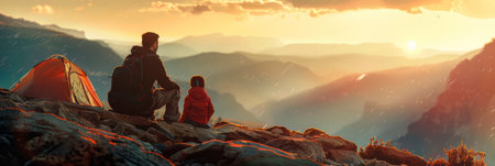 Outdoor Adventures: A father who takes his child on an outdoor adventure, hiking or fishing. Generative AIの素材