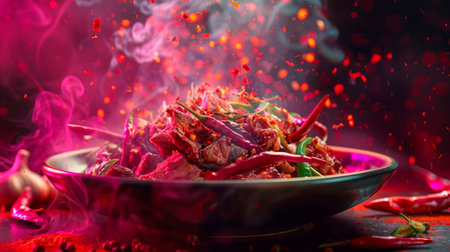 Hot and spicy meat dishes, vibrant with chilies and spices, transitioning into a hot pink gradient for energetic. Generative AIの素材