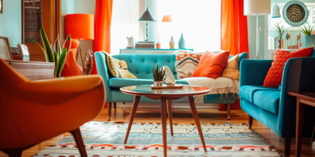 A retro-inspired living room with a focus on comfort and style, featuring a mix of vintage and modern pieces.Generative AIの素材