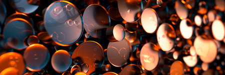 Metallic copper circles overlapping on a black background, forming an intricate and harmonious pattern. Generative AIの素材