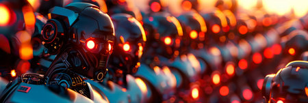 background with an army of advanced robots, technologies, representing artificial intelligence, programming and robotics. Generative AIの素材