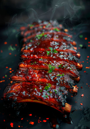 Tender smoked ribs with glistening barbecue sauce, transitioning to a smoky gray gradient. Generative AIの素材