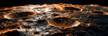 Metallic chrome craters forming a lunar landscape on a black background. Generative AIの素材