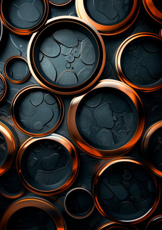 Metallic copper circles overlapping on a black background, forming an intricate and harmonious pattern. Generative AIの素材