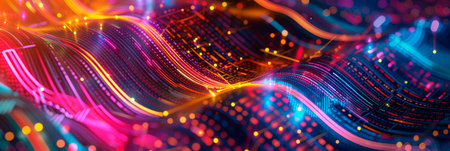 wavy background with digital pixels, circuit board patterns and colorful icons symbolizing innovation and progress. Generative AIの素材