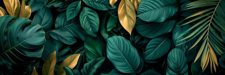 Subtle tropical leaf pattern, elegant summer background, muted green and gold tones. Generative AIの素材