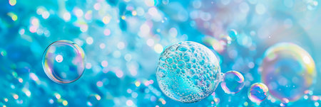 blue background with detergent foam bubbles floating and popping, surrounded by colorful, swirling soap suds. Generative AIの素材
