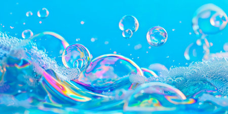 blue background with detergent foam bubbles floating and popping, surrounded by colorful, swirling soap suds. Generative AIの素材
