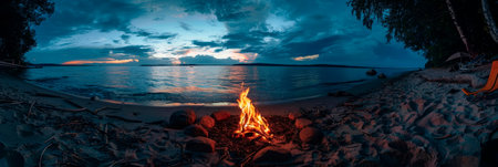 Campfire on the beach at night, summer memories, glowing embers. Generative AIの素材