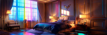 A lavish and sophisticated bedroom with high-end finishes, plush furnishings, and a focus on comfort and relaxation.Generative AIの素材