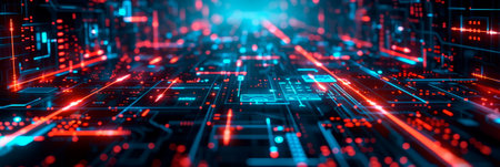 modern stylish background with digital pixels and icons representing technology. Generative AIの素材