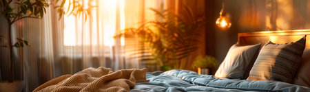 bedroom cozy interior with a focus on warm colors and soft textures. Generative AIの素材