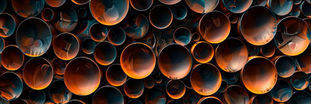 Metallic copper circles overlapping on a black background, forming an intricate and harmonious pattern. Generative AIの素材