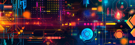 wavy background with digital pixels, circuit board patterns and colorful icons symbolizing innovation and progress. Generative AIの素材