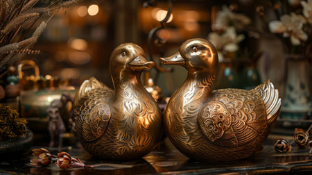 Sumptuous Korean wedding ducks in gleaming brass, adorned with engravings, Generative AIの素材